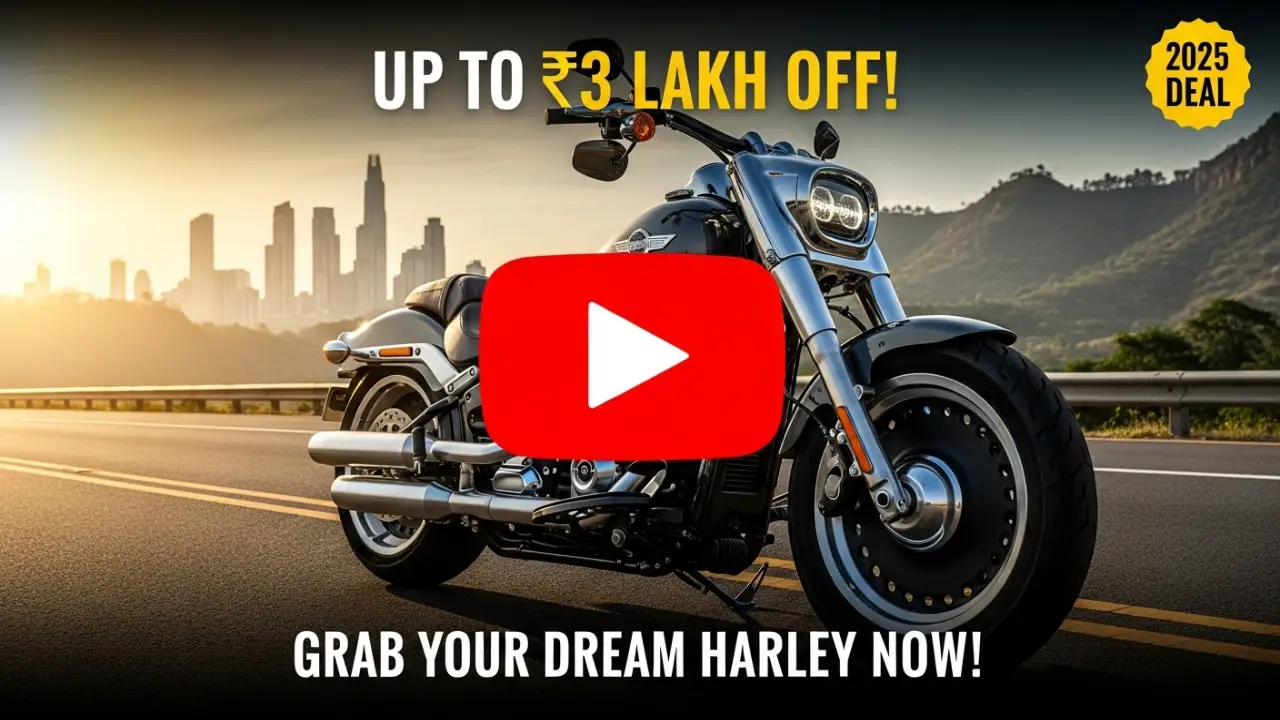 Harley-Davidson Fat Boy 2025 parked on an Indian highway with a sunrise cityscape, showcasing a ₹3 lakh discount offer for Indian riders.