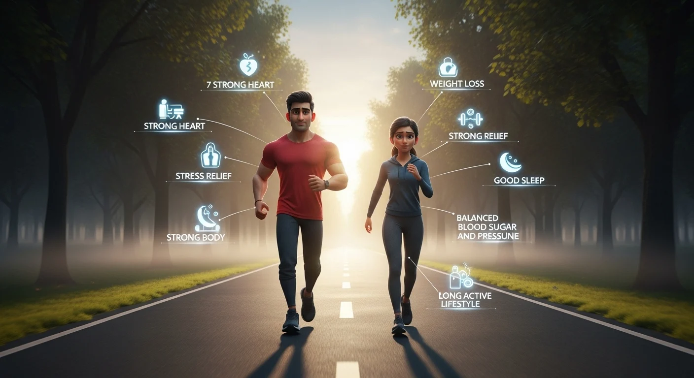 Indian man and woman walking in a park during morning sunlight, representing 10-minute walk benefits such as healthy heart, weight control, stress relief, better sleep, strong muscles, controlled blood pressure and sugar, and longer active life.