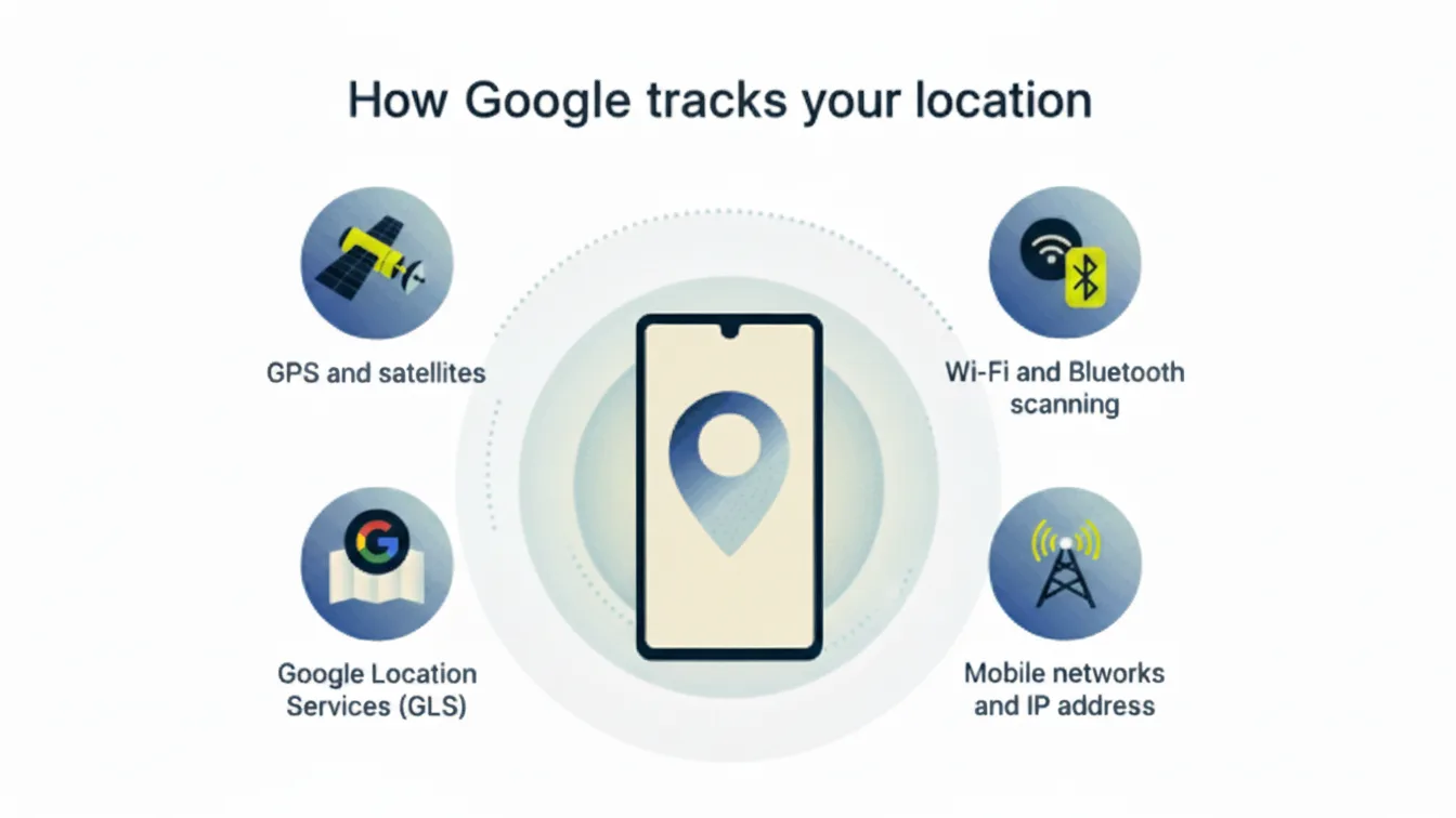 Google Can Still Track You Without GPS Hidden Location Signals You Should Know: Infographic illustrating how Google tracks location without GPS using Wi-Fi, Bluetooth, cell towers, and IP address signals.
