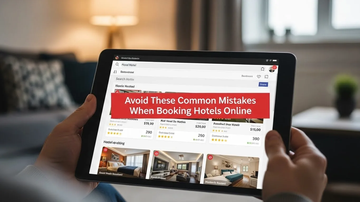 Person using a tablet to book a hotel online with text highlighting common mistakes travellers should avoid during hotel booking.