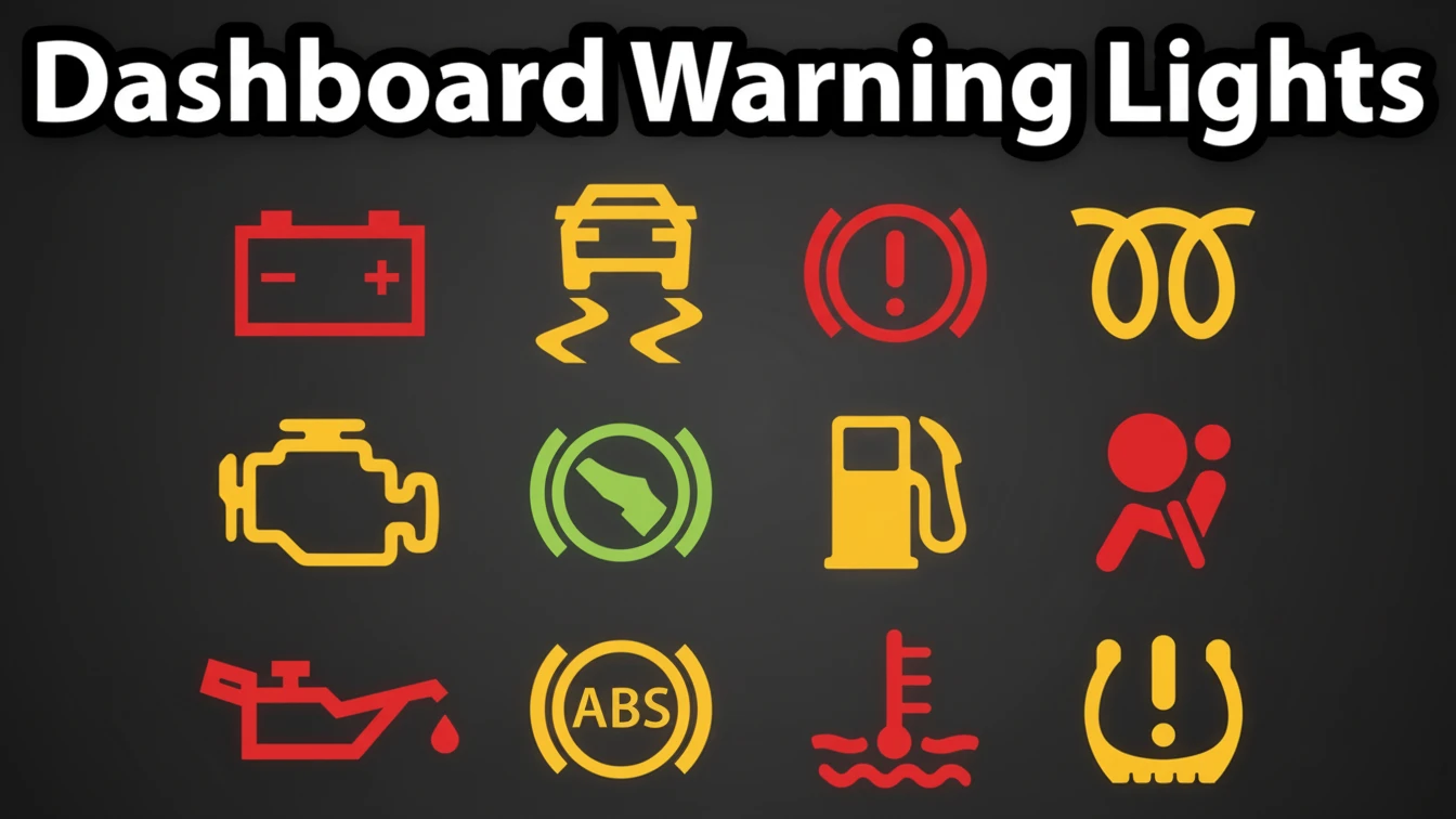 Dashboard warning lights symbols for Indian cars showing battery, engine, ABS, airbag, tyre pressure and temperature alerts