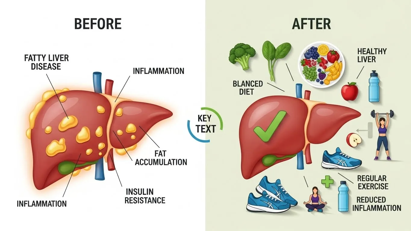 Before and after illustration showing fatty liver disease reversing to a healthy liver with diet and lifestyle changes