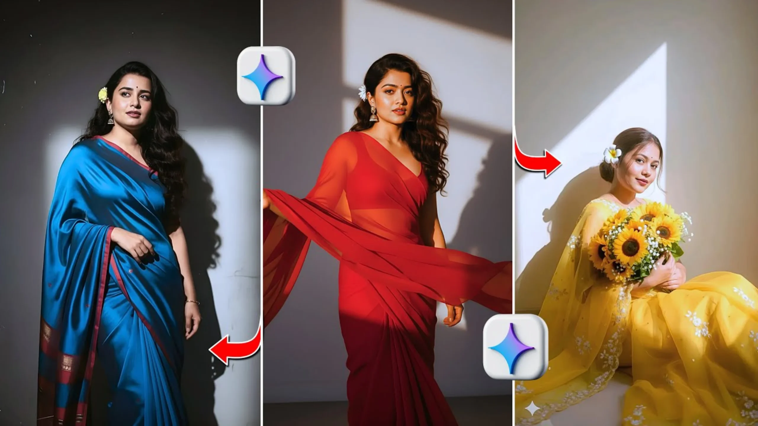 Top 20 Google Gemini AI Photo Prompts: Ultra-realistic Google Gemini AI portrait of women in colorful sarees with natural lighting and soft shadows.