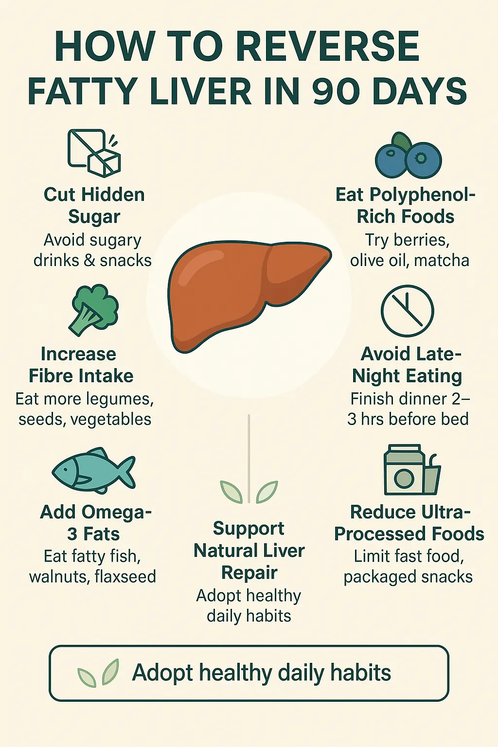 Reduce fatty liver naturally in 90 days with 7 daily diet and lifestyle habits infographic