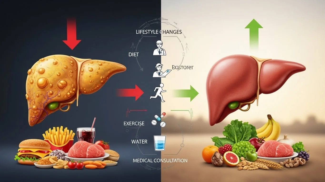 Lifestyle changes showing unhealthy fatty liver transforming into a healthy liver with diet and exercise