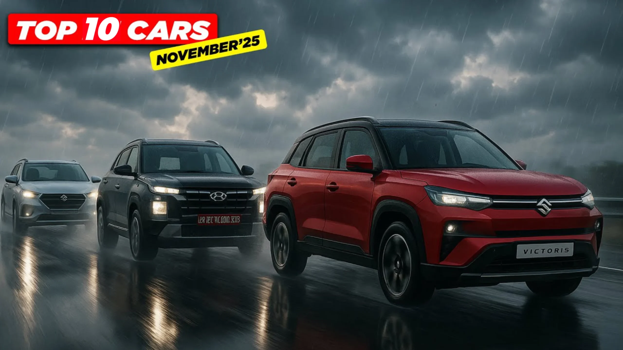 Top 10 cars November 2025 visual featuring SUVs driving on a rainy highway, including popular models from Maruti, Hyundai, and Tata.