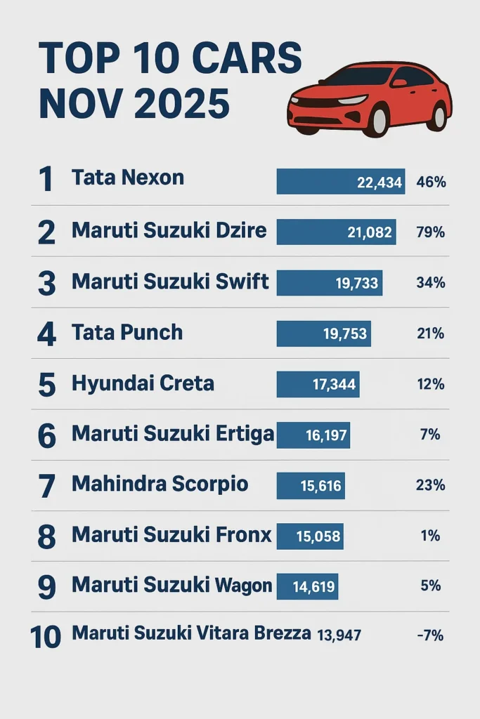 Top 10 Cars November 2025 infographic featuring Tata Nexon, Maruti Dzire, Swift, Punch, Creta, Scorpio and other best-selling cars in India.