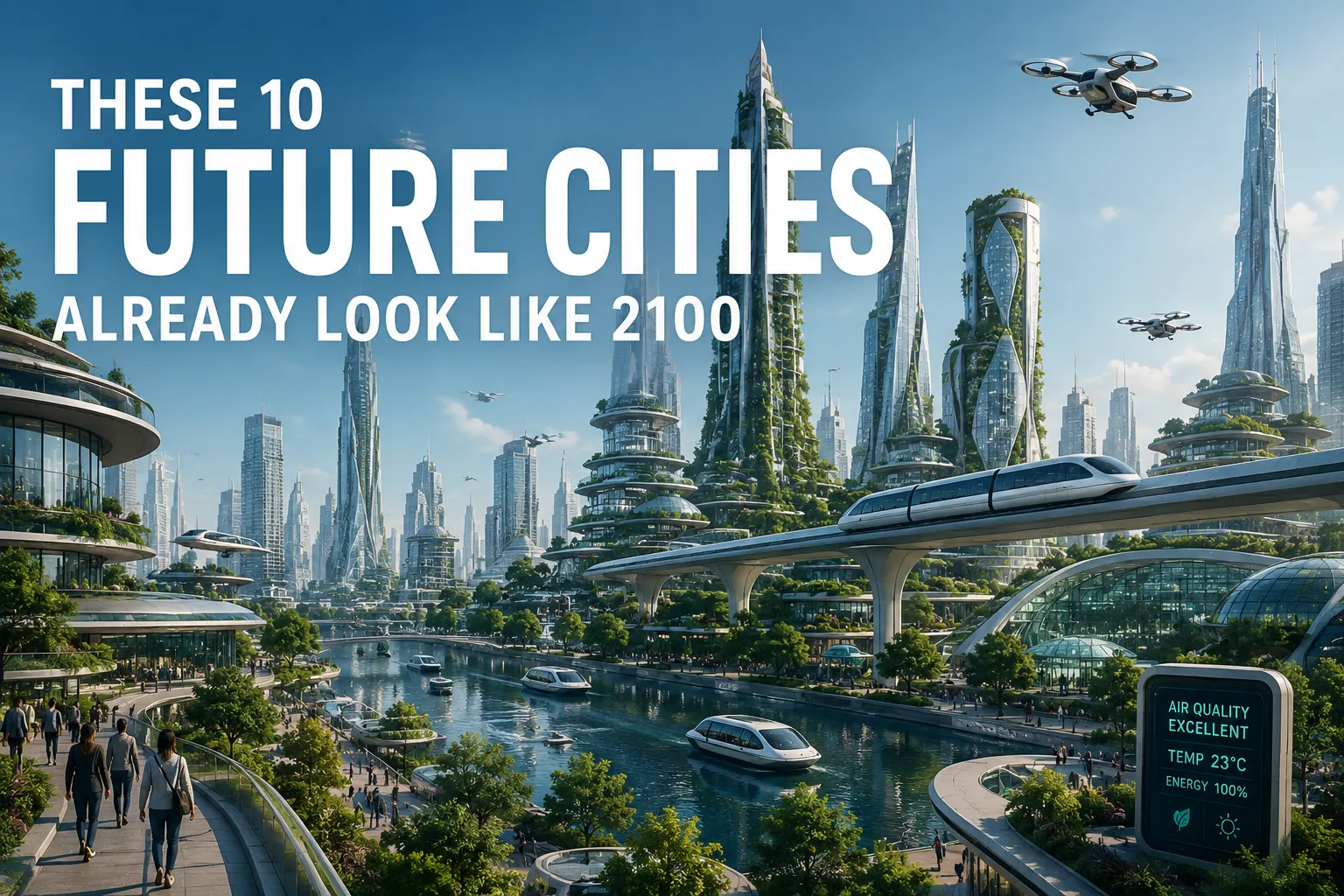 Futuristic smart city with eco skyscrapers, flying vehicles, AI technology, and sustainable urban design representing cities of the future in 2100.