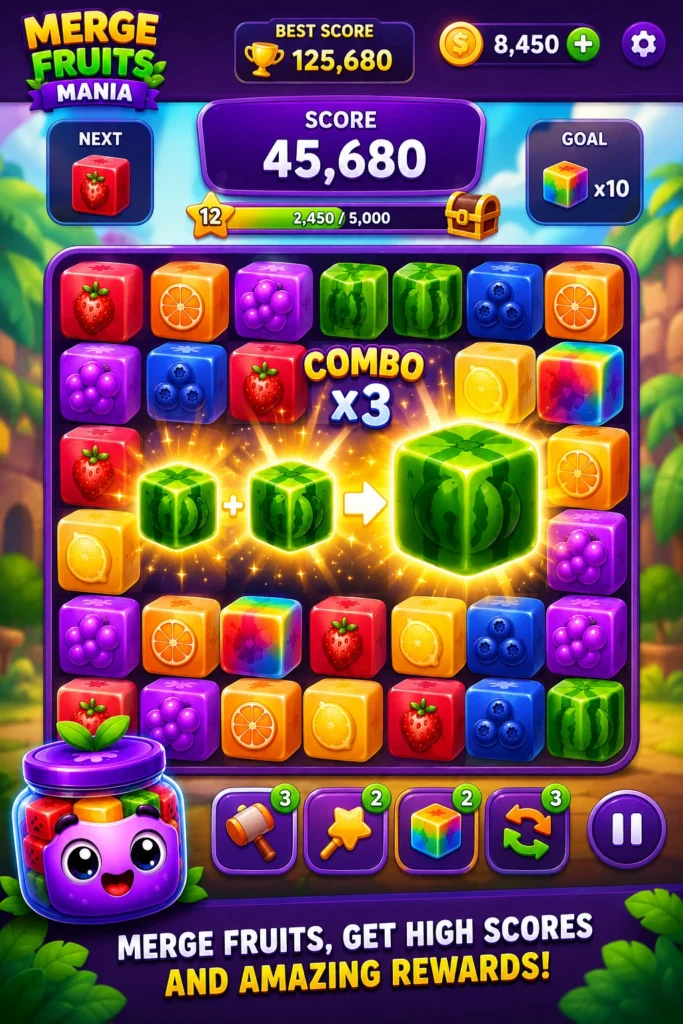 Gameplay screenshot showing colorful merges, rewards, and progression in Merge Fruits Mania explaining why merge puzzle games are addictive.