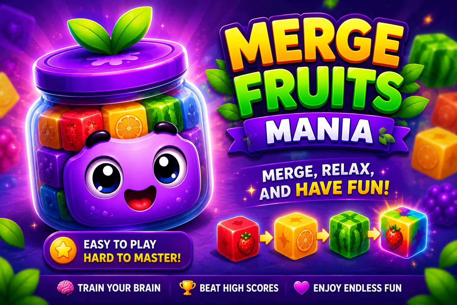 Merge Fruits Mania mascot image showing colorful branding and playful visuals associated with addictive merge puzzle games.