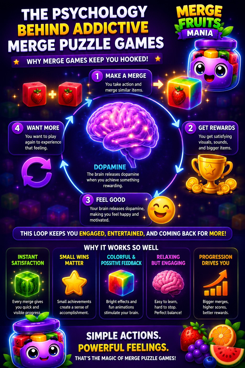 Gameplay screenshot showing colorful merges, rewards, and progression in Merge Fruits Mania explaining why merge puzzle games are addictive.