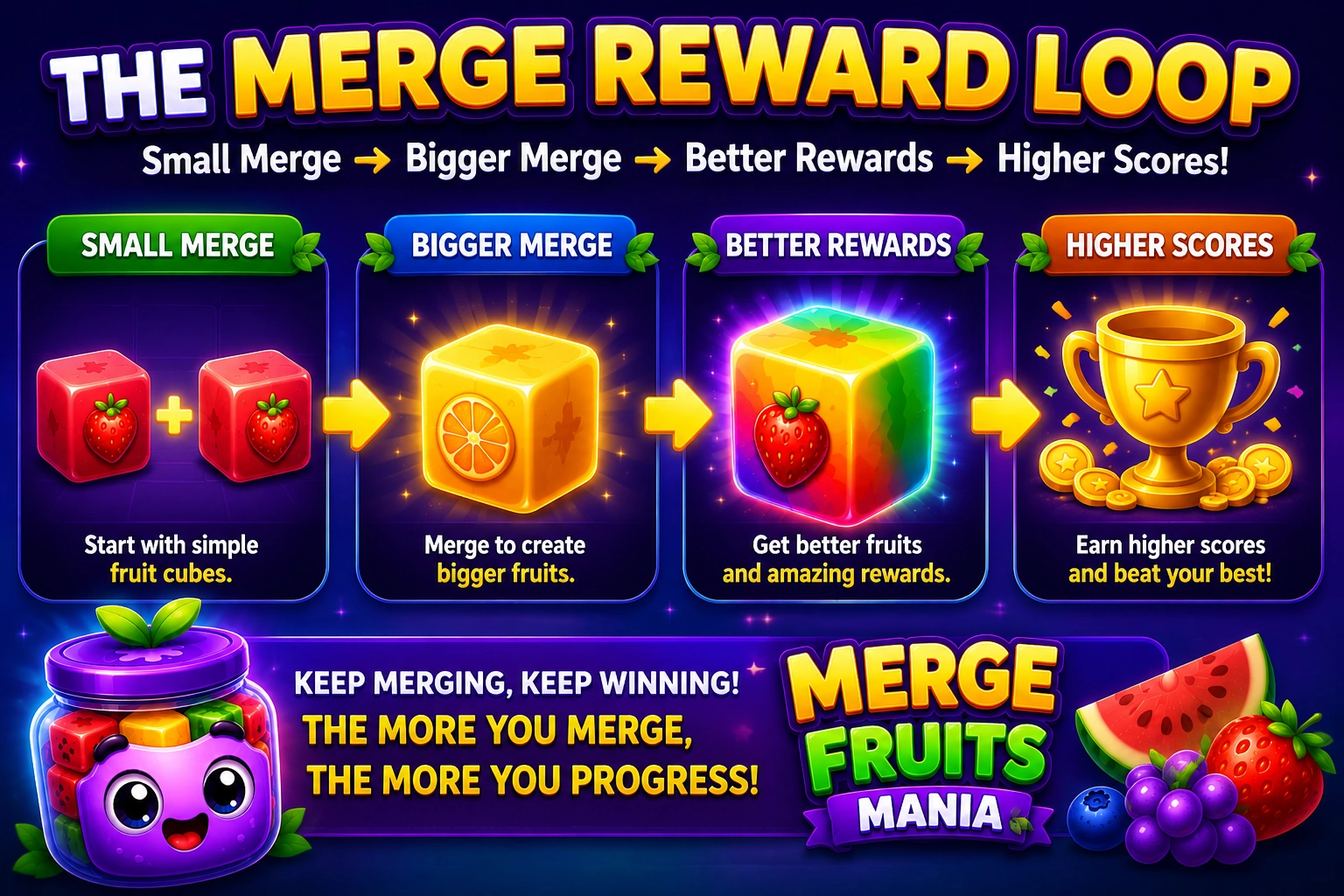 Illustration showing the merge reward loop explaining why merge puzzle games are so addictive through progression, rewards, and higher scores.