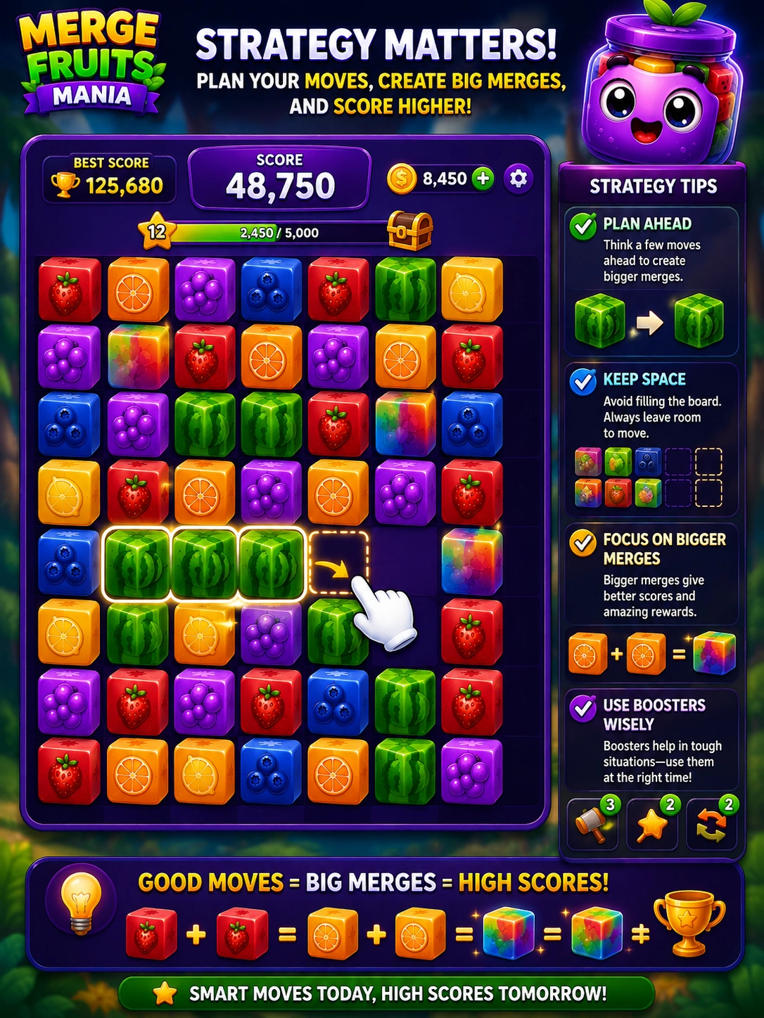 Strategy gameplay screenshot showing planning, bigger merges, and progression in Merge Fruits Mania.