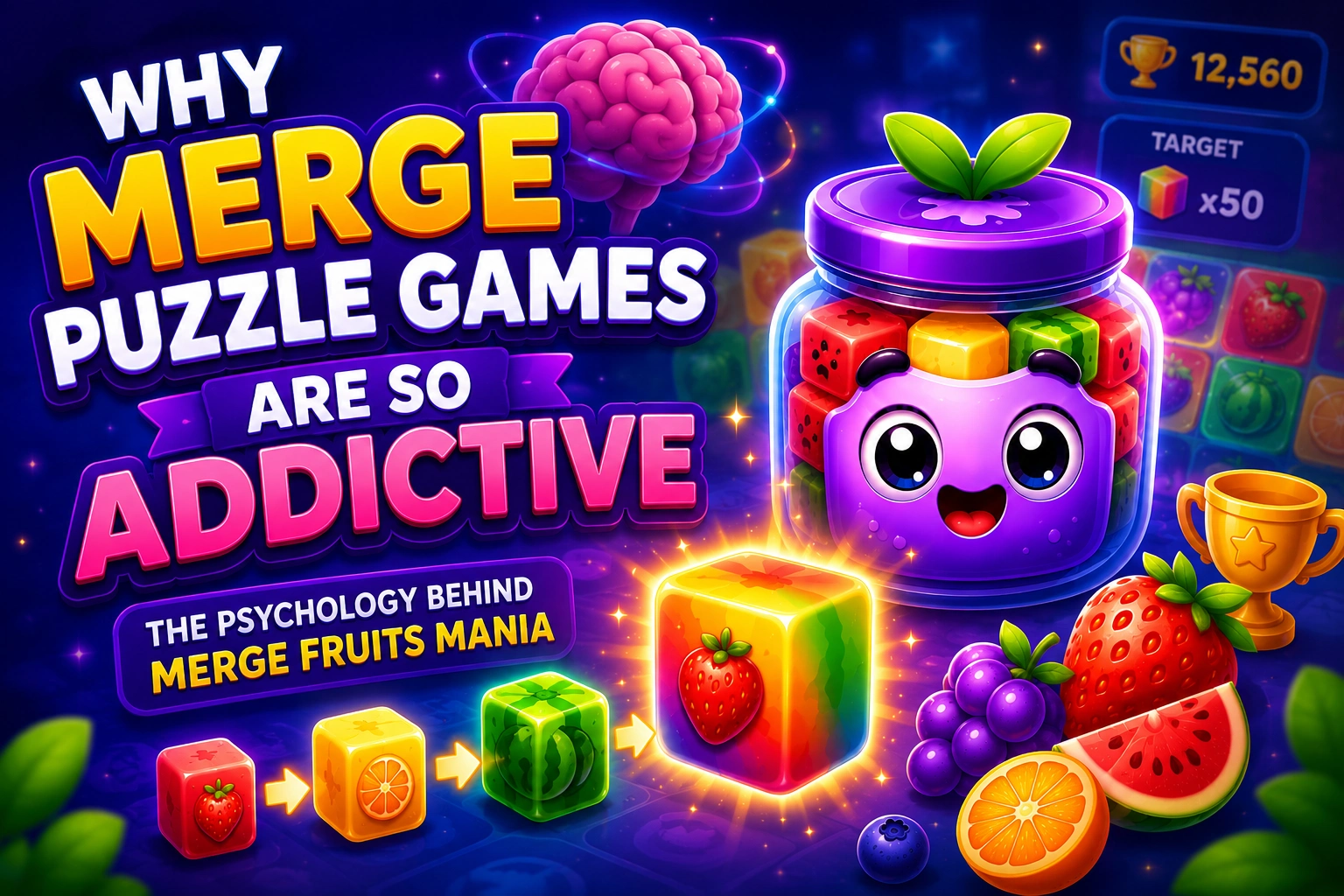 Why Merge Puzzle Games Are So Addictive: Featured image showing why merge puzzle games are addictive with Merge Fruits Mania mascot, colorful fruit cubes, and reward progression.
