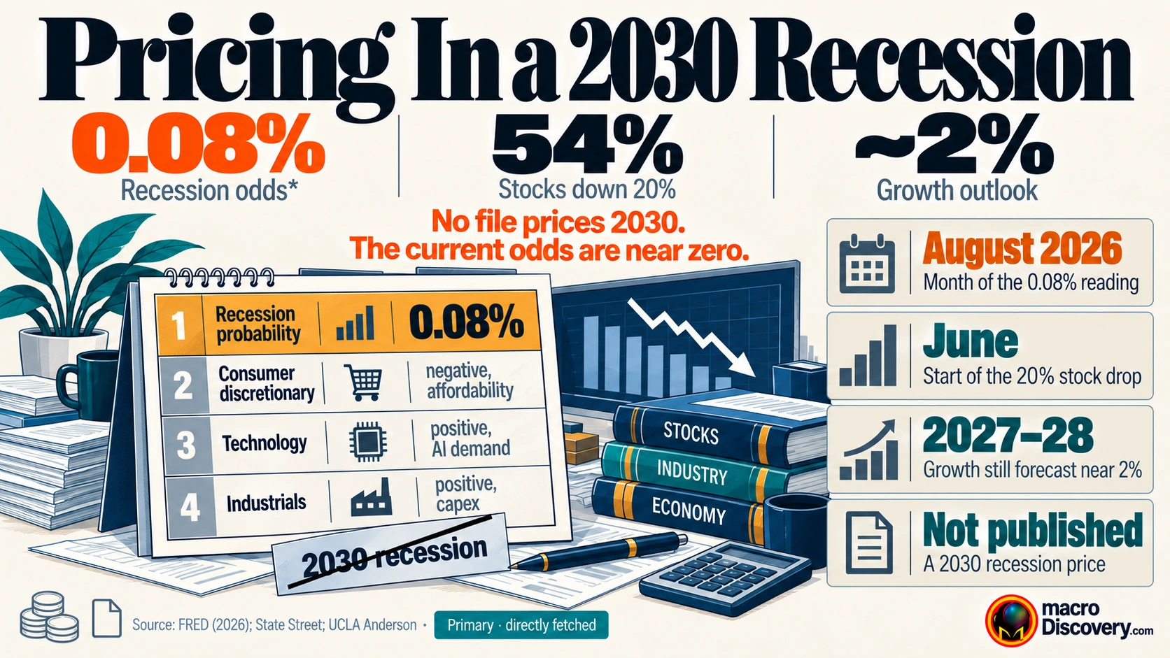 A ranked list of what markets are actually pricing. The amber figure is a 0.08% recession probability for August 2026. A crossed label reads 2030 recession. Industries Already Pricing a 2030 Recession