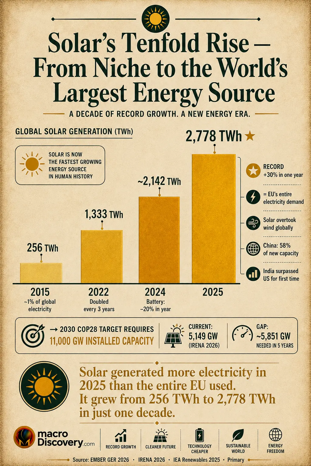 Premium editorial infographic showing four horizontal bars of increasing width representing global solar power generation from 2015 to 2025. The 2015 bar (pale gold, very short) shows 256 TWh — approximately 1% of global electricity. The 2022 bar shows 1,333 TWh, illustrating solar's tendency to double roughly every three years. The 2024 bar shows approximately 2,142 TWh alongside a note that battery costs fell 20% in that year. The 2025 bar (vivid bright gold, full width) shows 2,778 TWh — marked with a star as a record +30% annual increase. Annotations on the 2025 bar note: equals EU's entire electricity demand; solar overtook wind globally; China built 58% of new solar capacity; India surpassed the US for the first time. Below the bars, a horizontal target line shows the COP28 2030 target of 11,000 GW installed capacity versus the current 5,149 GW, highlighting the gap of approximately 5,851 GW needed in five years. Based on EMBER, IRENA, and IEA primary data.