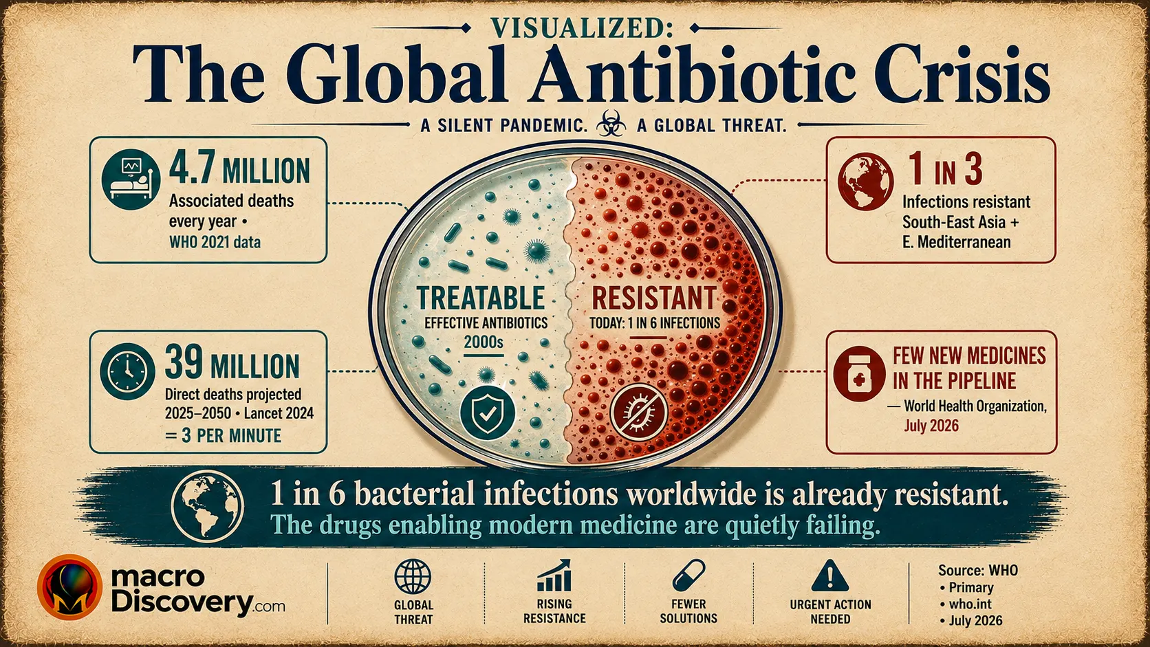 Premium editorial infographic showing a flat-vector petri dish divided into two zones: the left zone in clinical teal represents treatable infections (5 in 6 bacterial infections globally), while the right zone fills progressively with red dots representing resistant infections — currently 1 in 6 globally and 1 in 3 in South-East Asia and the Eastern Mediterranean. Four callout boxes surrounding the dish show the key statistics: 4.7 million deaths associated with AMR annually, 39 million direct deaths projected 2025-2050 (3 per minute), and the WHO's July 2026 statement that "few new medicines" are in the pipeline. Based on WHO primary data (who.int, July 16, 2026) and Lancet GRAM 2024. Part of MacroDiscovery's "Visualized: The Global Antibiotic Crisis."