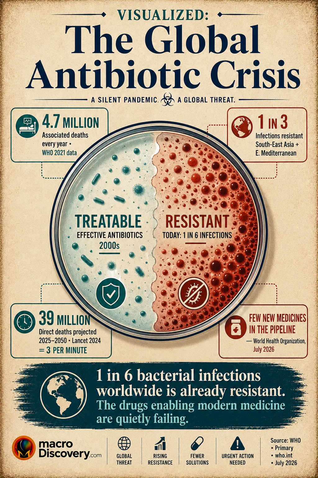 Premium editorial infographic showing
a flat-vector petri dish divided into
two zones: the left zone in clinical
teal represents treatable infections
(5 in 6 bacterial infections globally),
while the right zone fills progressively
with red dots representing resistant
infections — currently 1 in 6 globally
and 1 in 3 in South-East Asia and the
Eastern Mediterranean. Four callout
boxes surrounding the dish show the
key statistics: 4.7 million deaths
associated with AMR annually, 39 million
direct deaths projected 2025-2050
(3 per minute), and the WHO's July
2026 statement that "few new medicines"
are in the pipeline. Based on WHO
primary data (who.int, July 16, 2026)
and Lancet GRAM 2024. Part of
MacroDiscovery's "Visualized: The
Global Antibiotic Crisis."