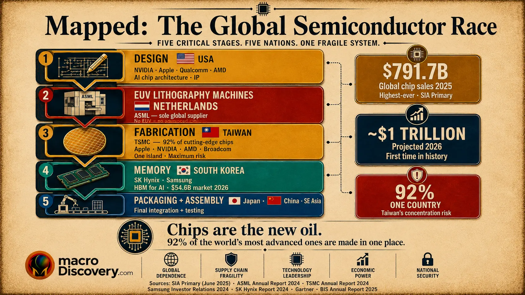 Premium editorial infographic showing the global semiconductor supply chain as a vertical pipeline with five stages, each colour-coded by dominant country. From top to bottom: Design (USA — NVIDIA, Apple, Qualcomm, AMD), EUV Lithography Machines (Netherlands — ASML, sole global supplier), Fab- rication (Taiwan — TSMC, 92% of cutting-edge chips, for Apple, NVIDIA, AMD, and Broadcom), Memory (South Korea — SK Hynix and Samsung, HBM market $54.6 billion in 2026), and Packaging/Assembly (Japan, China, and Southeast Asia). Three callout boxes on the right highlight: global chip sales of $791.7 billion in 2025 (record, SIA primary), the $1 trillion projection for 2026 (first in history), and Taiwan's 92% concentration risk. Based on SIA primary data (semiconductors.org) and TSMC's SEC 6-K filing (March 4, 2025). Global Semiconductor Race.