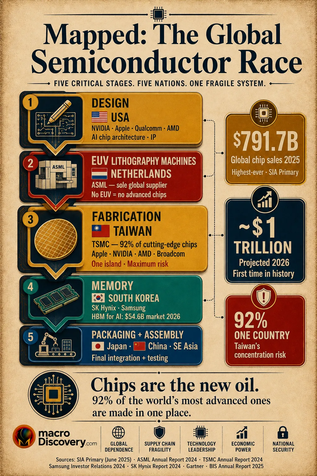 Premium editorial infographic showing
the global semiconductor supply chain
as a vertical pipeline with five
stages, each colour-coded by dominant
country. From top to bottom: Design
(USA — NVIDIA, Apple, Qualcomm, AMD),
EUV Lithography Machines (Netherlands
— ASML, sole global supplier), Fab-
rication (Taiwan — TSMC, 92% of
cutting-edge chips, for Apple, NVIDIA,
AMD, and Broadcom), Memory (South
Korea — SK Hynix and Samsung, HBM
market $54.6 billion in 2026), and
Packaging/Assembly (Japan, China, and
Southeast Asia). Three callout boxes
on the right highlight: global chip
sales of $791.7 billion in 2025
(record, SIA primary), the $1 trillion
projection for 2026 (first in history),
and Taiwan's 92% concentration risk.
Based on SIA primary data
(semiconductors.org) and TSMC's SEC
6-K filing (March 4, 2025). Global Semiconductor Race.
