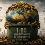 Food Waste Crisis shown as Earth overwhelmed by discarded food