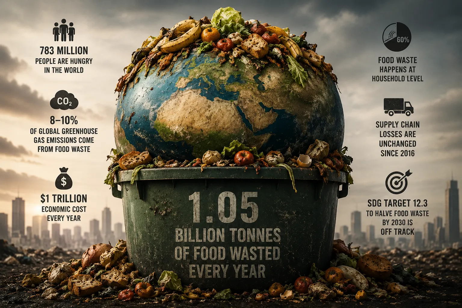 Food Waste Crisis shown as Earth overwhelmed by discarded food