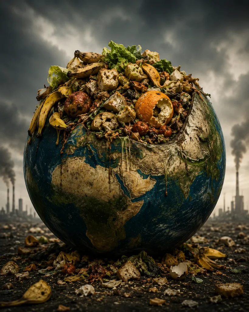 Food Waste Crisis represented by Earth overflowing with wasted food
