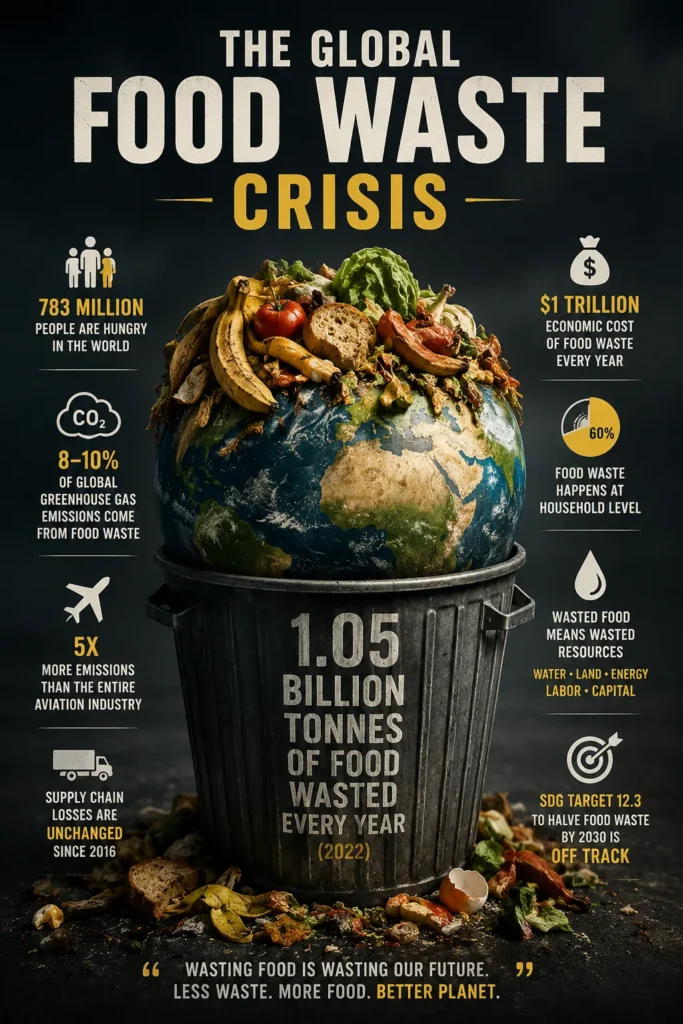 Food Waste Crisis infographic showing 1.05 billion tonnes of food wasted globally