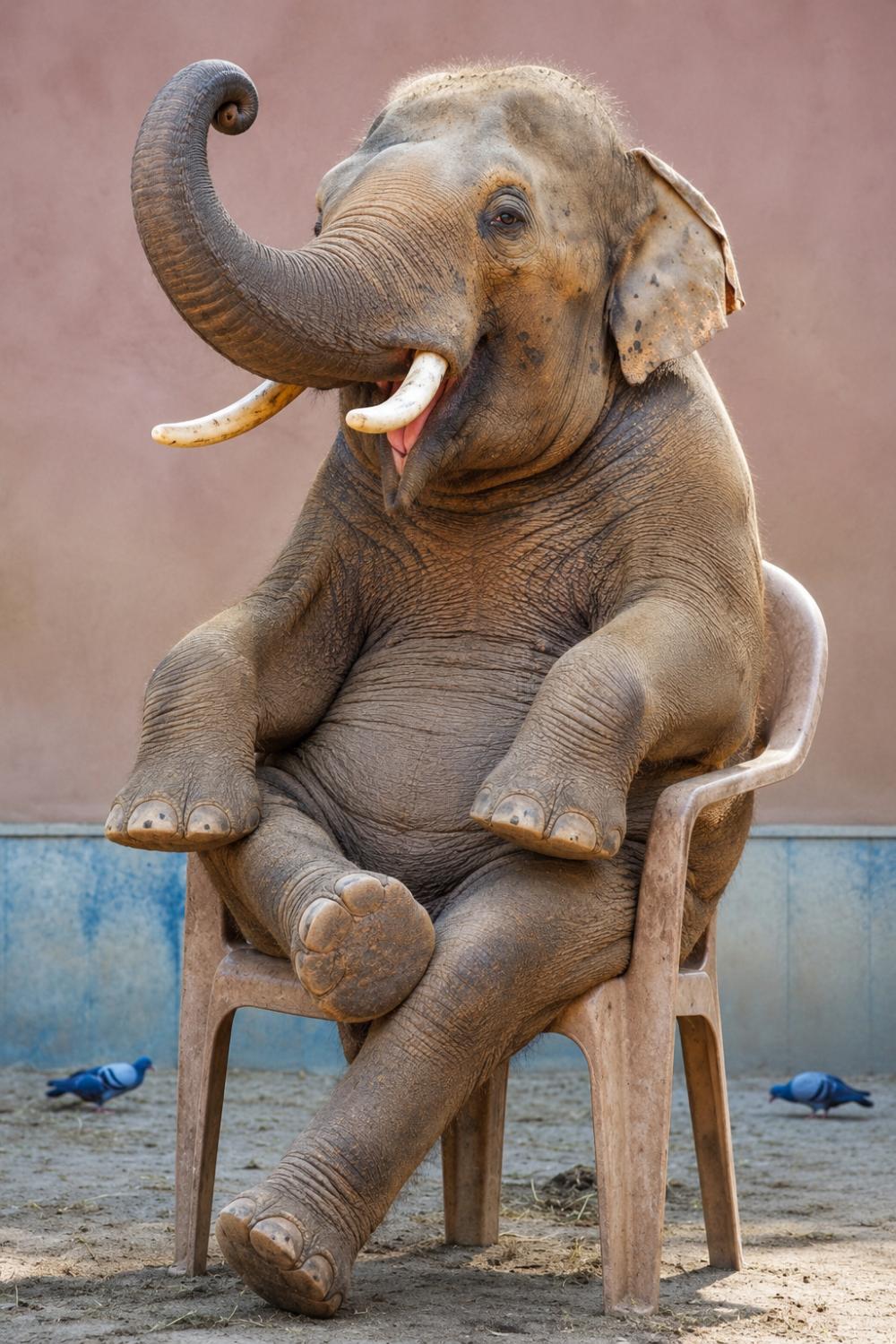 Elephant sitting relaxed on a plastic chair like a human, trunk curled