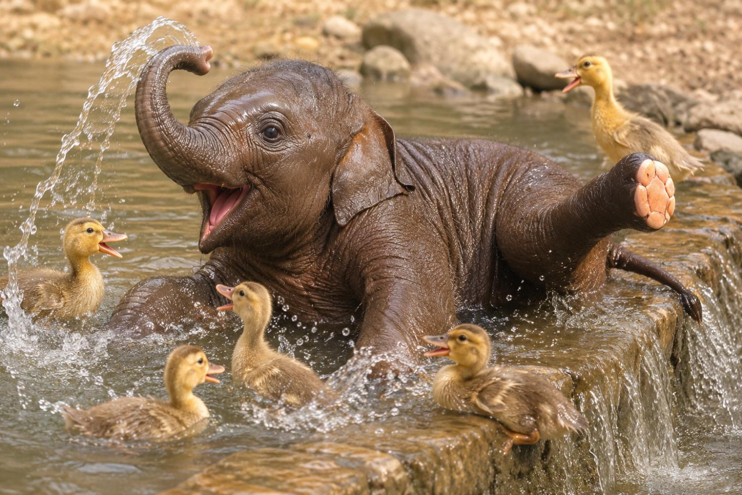 Happy baby elephant lying in water surrounded by ducklings, spraying water with its trunk