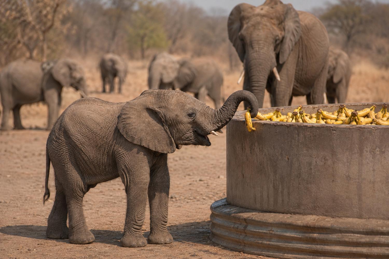 Baby elephant carefully taking a banana from a large metal bin while the herd watches