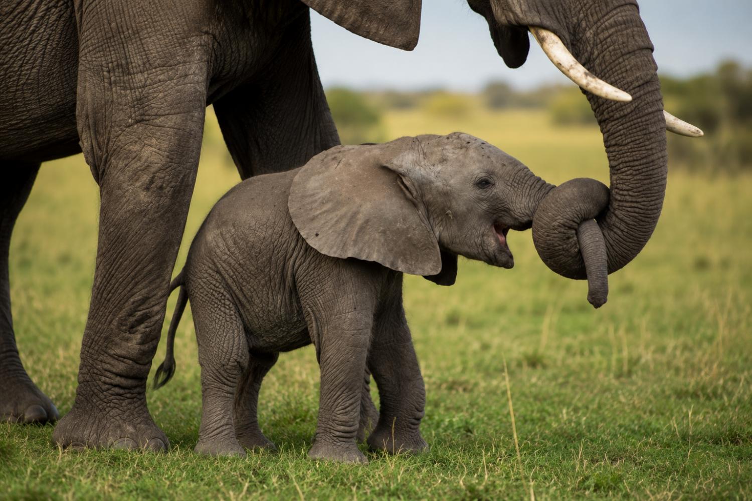 Baby elephant with its trunk playfully twisted together with an adult's trunk