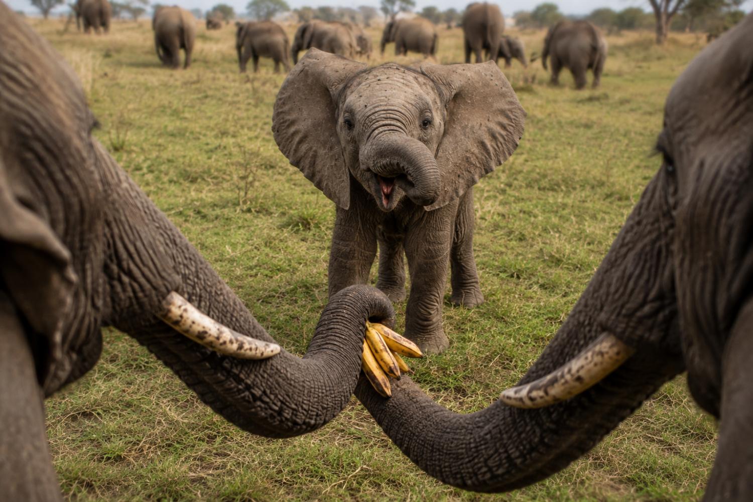 Baby elephant looking excitedly at bananas being held by adult elephant trunks