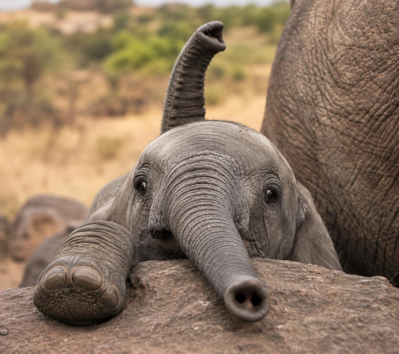 Baby elephant resting its head and trunk on a rock with a curious expression