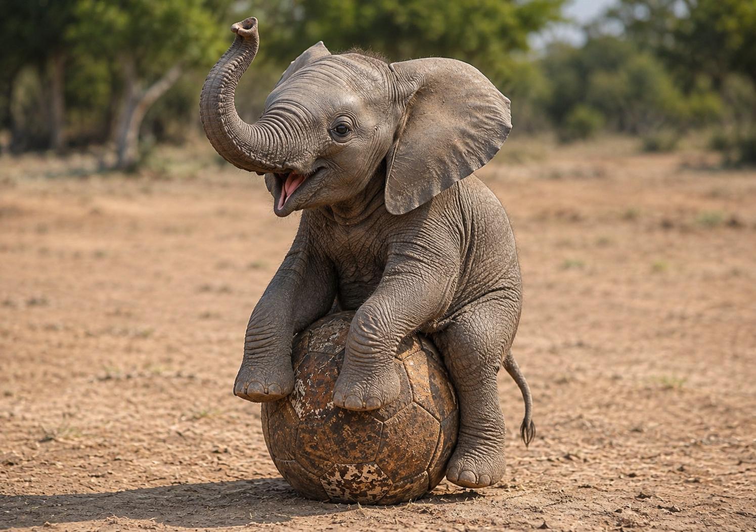 Baby elephant sitting happily on a dirty soccer ball in a dry field