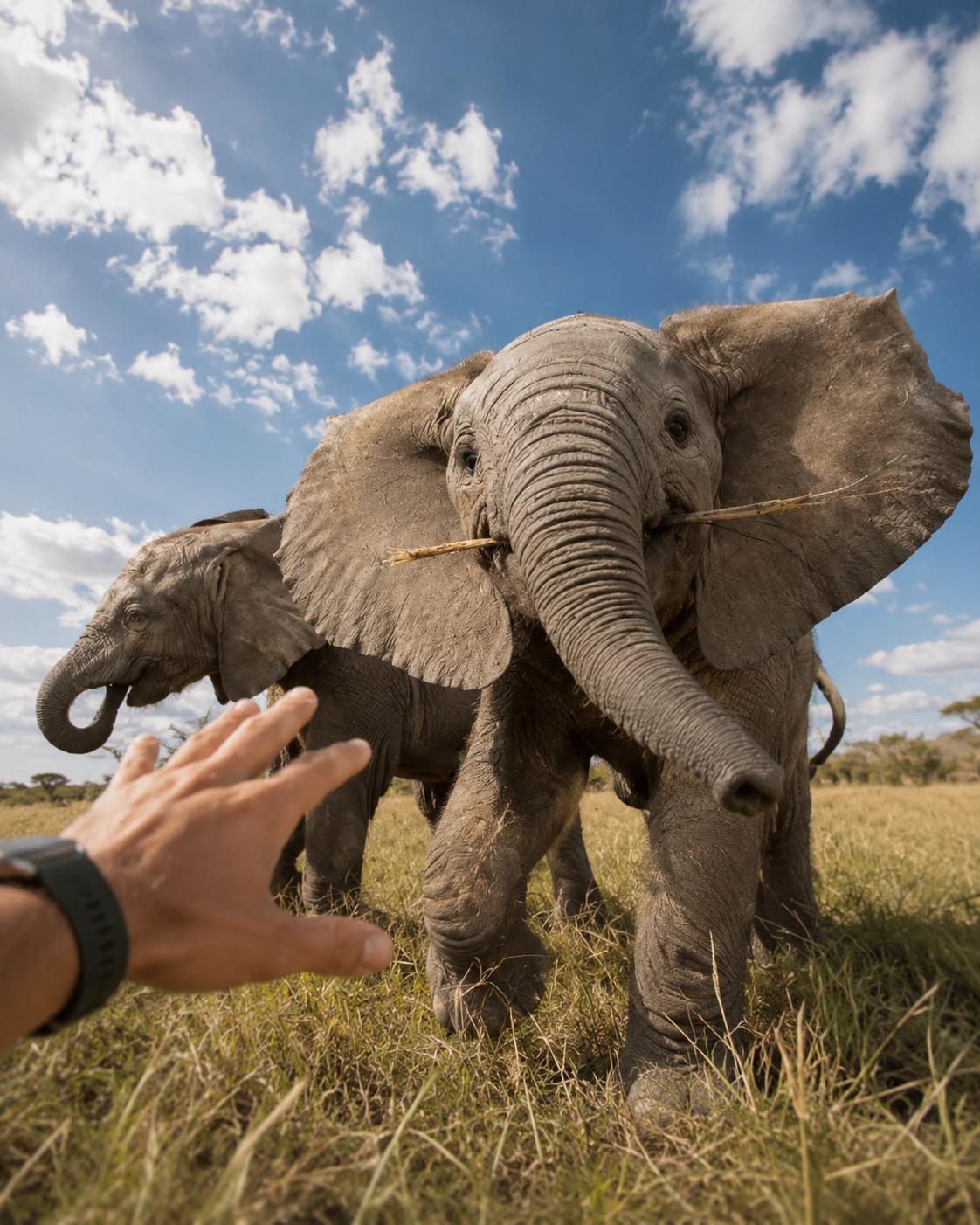 Baby elephants approaching a human hand, one with straw in its mouth
