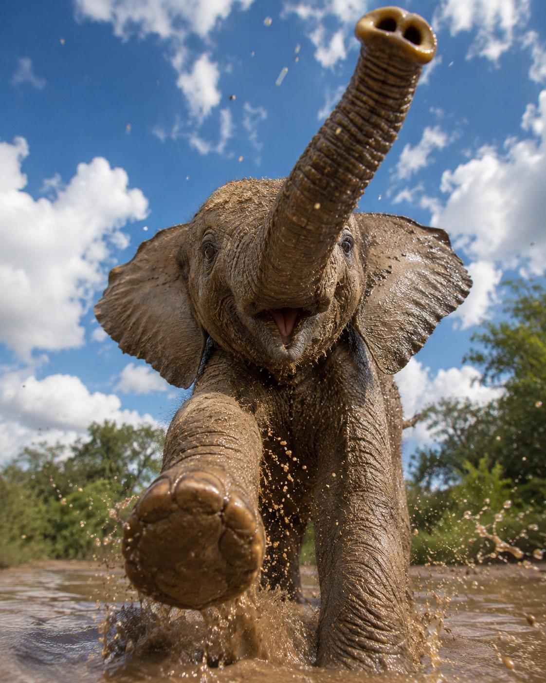 Mud-covered baby elephant running joyfully toward the camera with trunk raised high