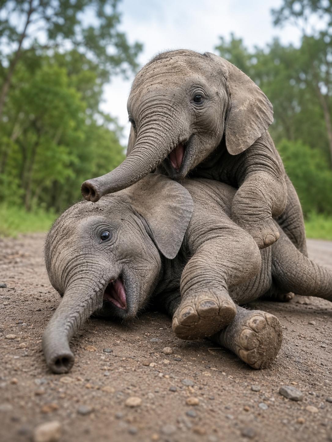 Two baby elephants playfully climbing and tumbling over each other on a dirt path