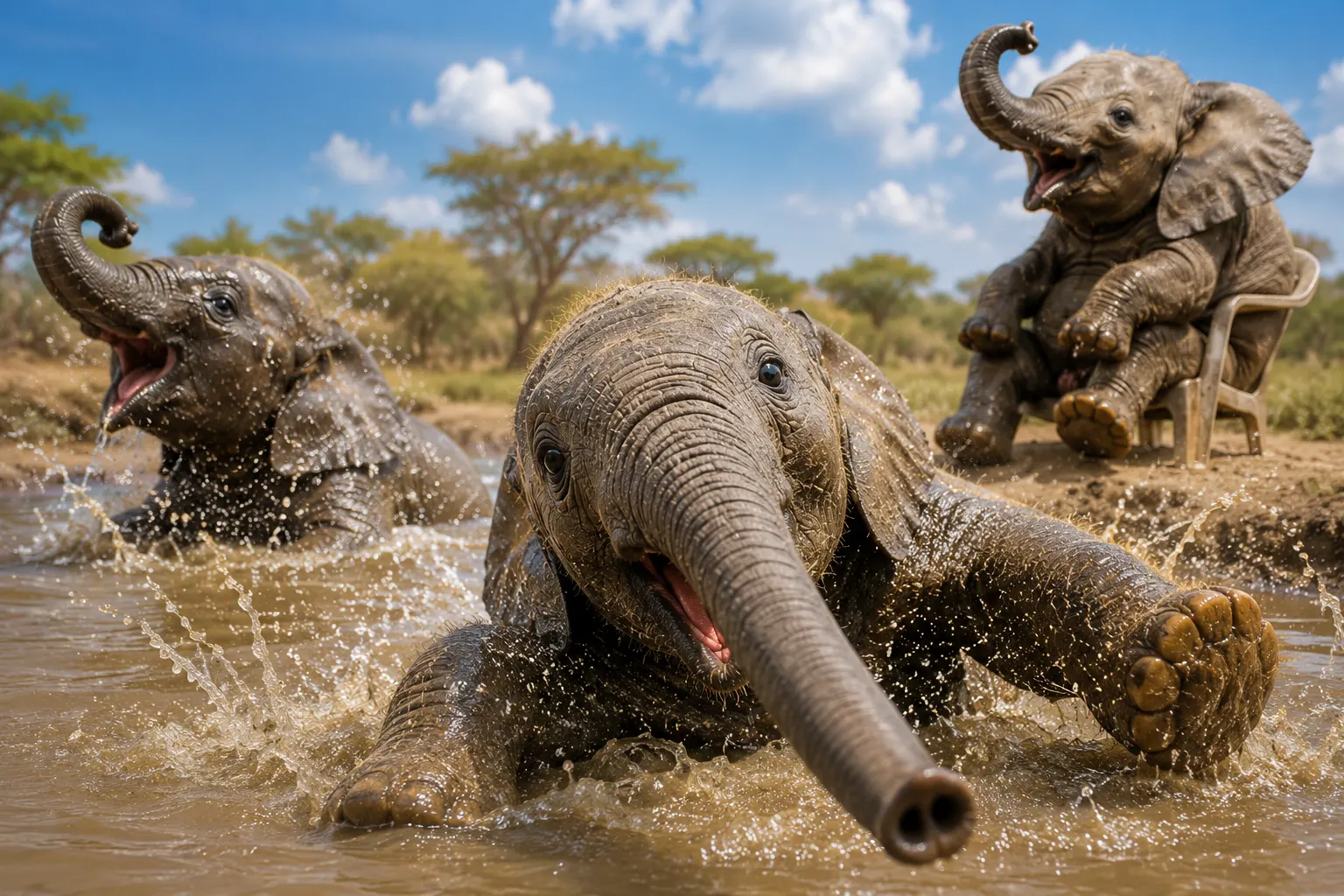 Funny young elephants playing and splashing in a muddy watering hole