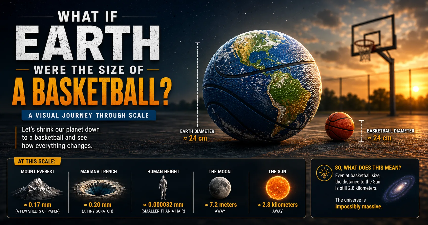 Visualized comparison showing what Earth would look like if it were the size of a basketball, with scale comparisons to Mount Everest, the Mariana Trench, the Moon, and the Sun. What If Earth Were the Size of a Basketball?