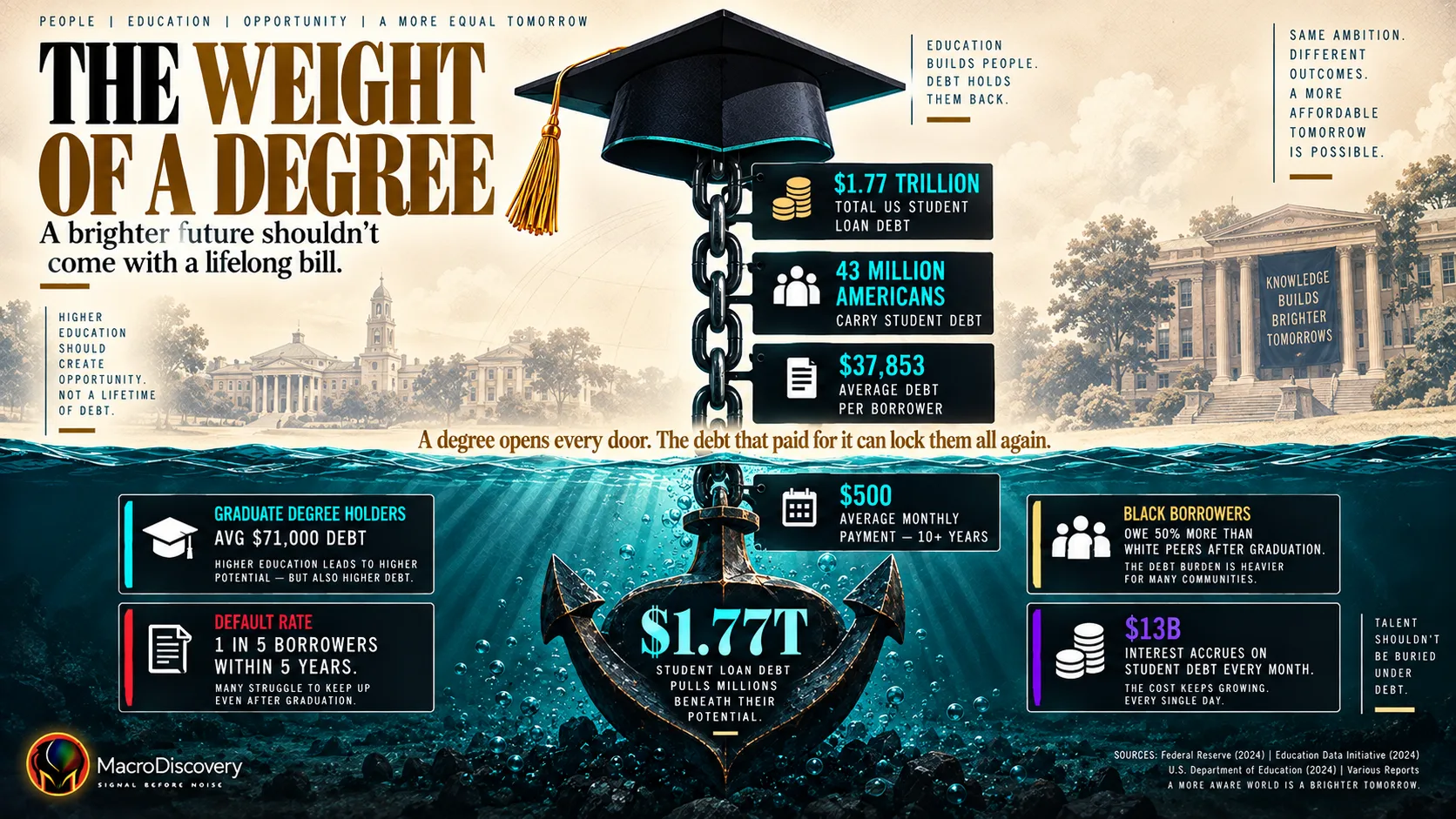 A flat-vector graduation cap connected by a heavy chain to a sunken anchor at a teal waterline displays four stat callouts along its links — $1.77 trillion in total US student loan debt, 43 million borrowers, $37,853 average debt per borrower, and $500 monthly payments lasting over a decade — illustrating the weight of the American student loan crisis. Economics of Education Debt,