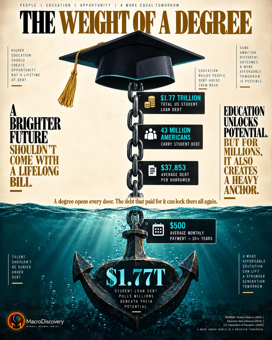 A flat-vector graduation cap connected by a heavy chain to a sunken anchor at a teal waterline displays four stat callouts along its links — $1.77 trillion in total US student loan debt, 43 million borrowers, $37,853 average debt per borrower, and $500 monthly payments lasting over a decade — illustrating the weight of the American student loan crisis. Economics of Education Debt.