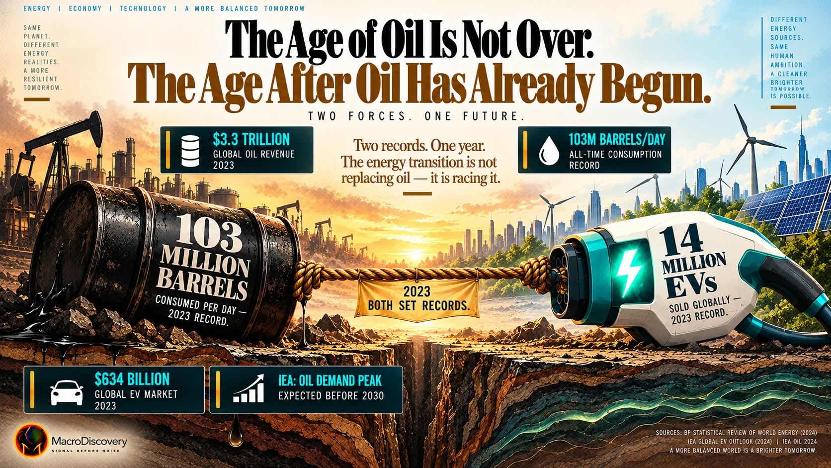 A flat-vector oil barrel labeled 103 million barrels per day and a teal electric charging plug labeled 14 million EVs sold face each other in a tug-of-war, the amber rope between them perfectly taut at a gold flag marked 2023 — both set records — with stat callouts on $3.3 trillion in oil revenue, record consumption, $634 billion in EV market value, and the IEA's pre-2030 oil demand peak forecast, illustrating the simultaneous record-setting of oil and electric vehicles in 2023. Economics of Oil.