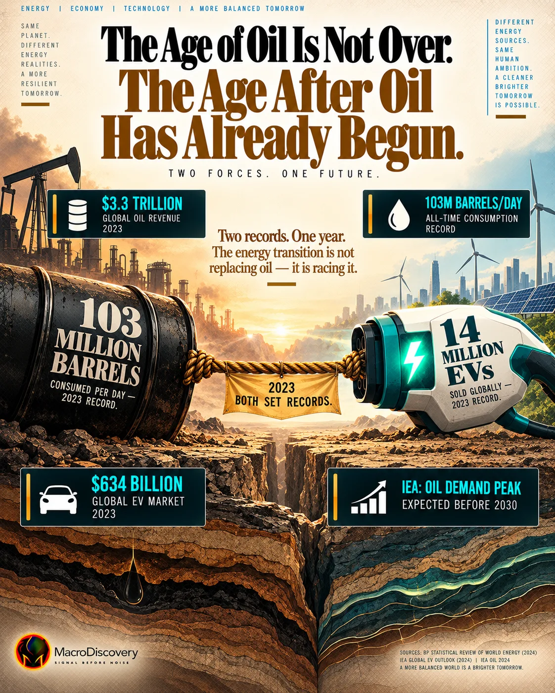 A flat-vector oil barrel labeled 103 million barrels per day and a teal electric charging plug labeled 14 million EVs sold face each other in a tug-of-war, the amber rope between them perfectly taut at a gold flag marked 2023 — both set records — with stat callouts on $3.3 trillion in oil revenue, record consumption, $634 billion in EV market value, and the IEA's pre-2030 oil demand peak forecast, illustrating the simultaneous record-setting of oil and electric vehicles in 2023. Economics of Oil.