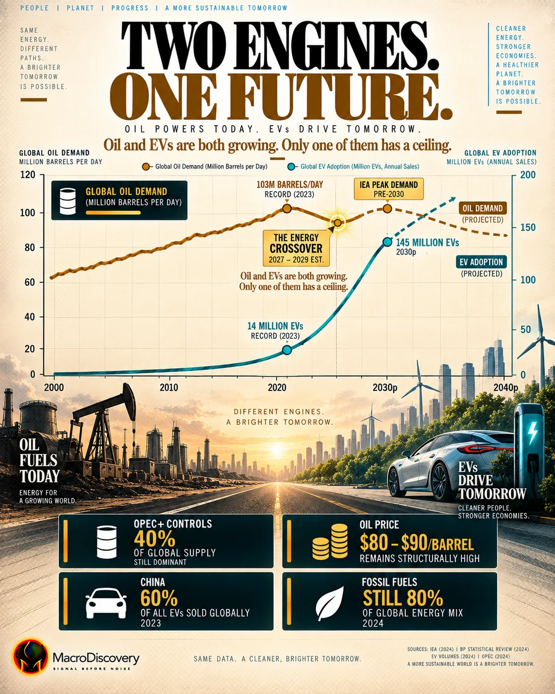 A flat-vector dual-line chart shows an amber oil demand line peaking at 103 million barrels per day in 2023 then bending toward decline, crossing a steeply rising teal EV adoption line heading to 145 million EVs by 2030 — with a gold crossover burst labeled The Energy Crossover 2027–2029 and four insight cards on OPEC control, oil pricing, China's 60% EV share, and fossil fuels still at 80% of the global energy mix.