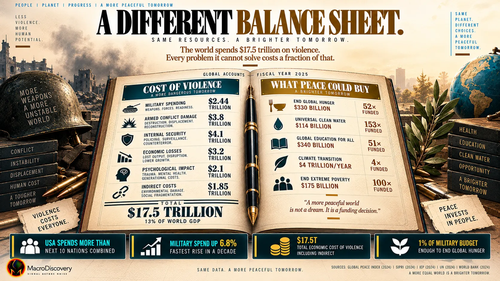 A flat-vector open ledger book shows the cost of violence on the left page — six line items totaling $17.5 trillion at 13% of world GDP — against what peace could buy on the right page, including ending global hunger 52 times over and funding the climate transition four times — with a quill pen in the spine, illustrating the full economics of war and the opportunity cost of global violence.