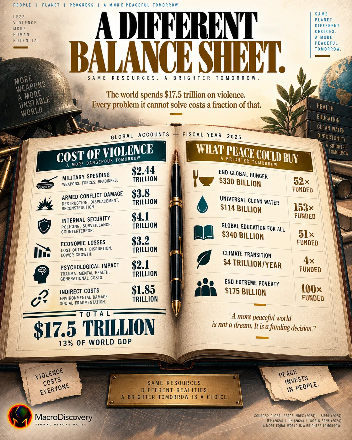 A flat-vector open ledger book shows the cost of violence on the left page — six line items totaling $17.5 trillion at 13% of world GDP — against what peace could buy on the right page, including ending global hunger 52 times over and funding the climate transition four times — with a quill pen in the spine, illustrating the full economics of war and the opportunity cost of global violence. Economics of War.