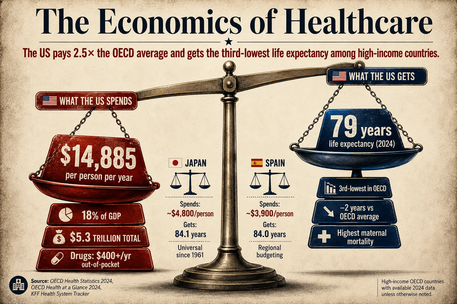 Editorial infographic comparing U.S. healthcare spending with health outcomes, showing $14,885 spent per person annually versus 79 years of life expectancy, alongside Japan and Spain for comparison.