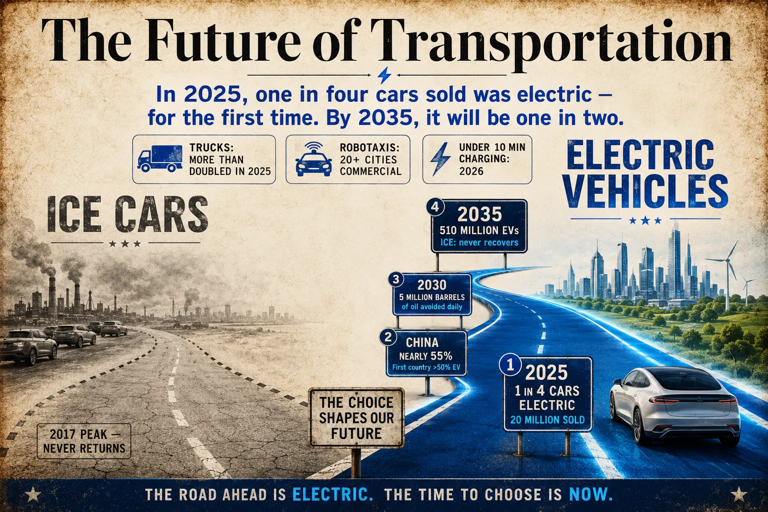 Editorial infographic showing two diverging roads for the future of transportation: a fading ICE car road and a bright electric vehicle road, with milestones for EV adoption in 2025, China, 2030, and 2035.