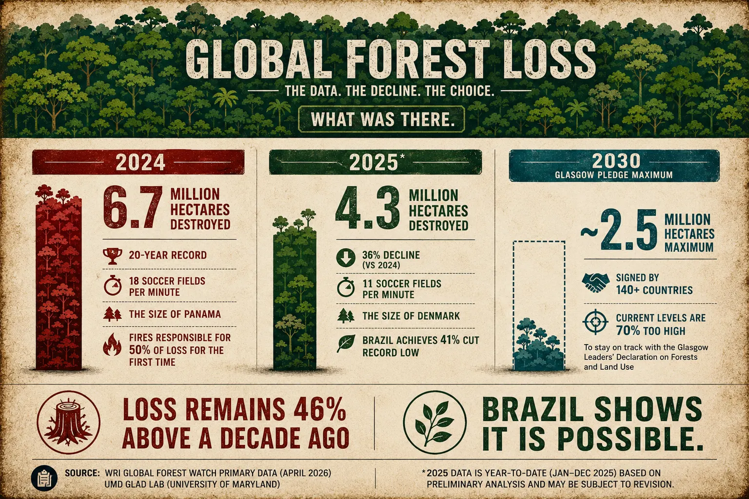 Infographic comparing global forest loss in 2024 and 2025 with the 2030 Glasgow forest-loss target, showing 6.7 million hectares lost in 2024, 4.3 million in 2025, and a target maximum of about 2.5 million hectares.
